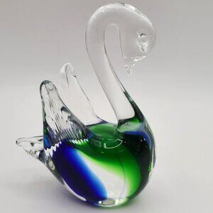 Vintage Hand Blown Art Glass Swan Sommerso Technique Blue Green Clear Unsigned